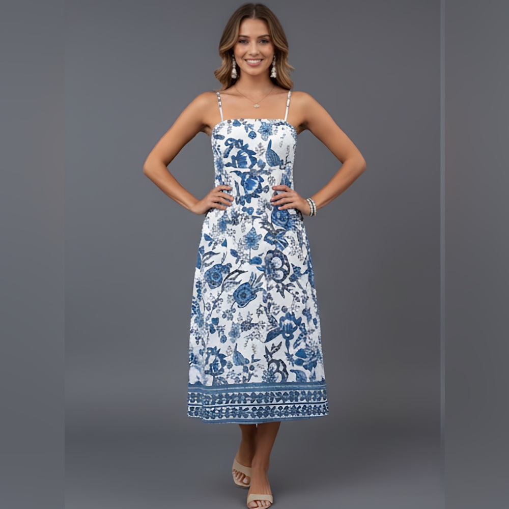 Blue/White Floral Spaghetti Strap Shirred Dress
